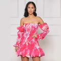 summer new arrival: ins european and american style sexy bodycon puff sleeve off-the-shoulder printed long sleeve mini dress