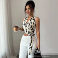 european and american cross-border women's printed halter crop top v-neck tie-back bodycon blouse