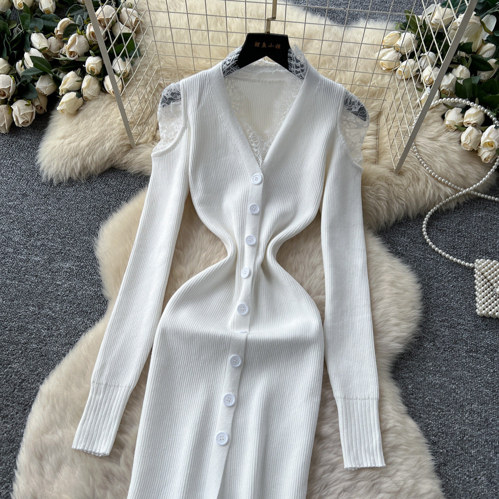 Celebrity niche style goddess style sexyv necklacepatchwork single breasted silmslimming look slit knittingdress female