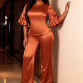 satin bell sleeves casualtwo-piece set elegantwork clothingpure color waist topsloose pantssuitpants