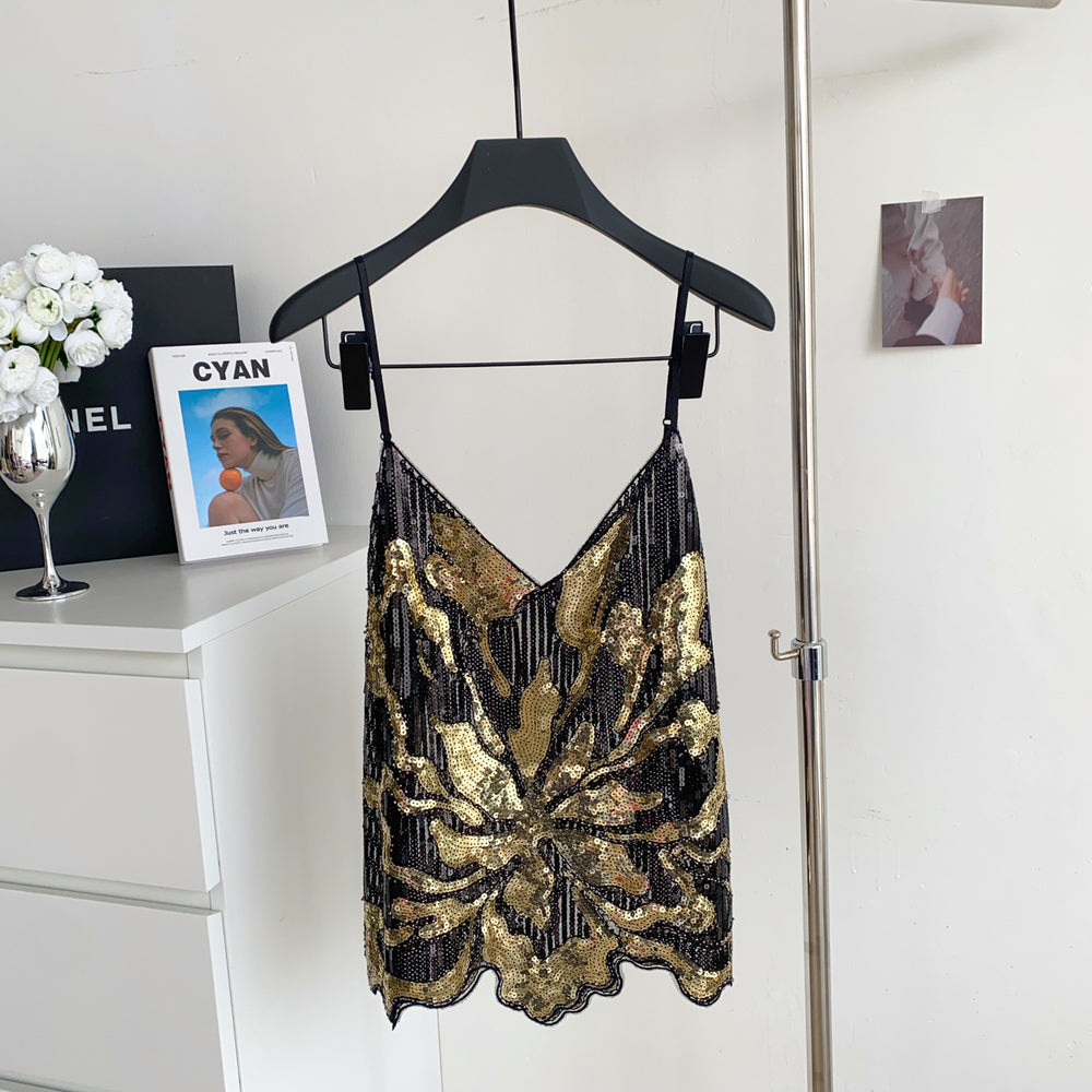 Accessible luxuryfashion style camisole women's summer heavy industry sequin mesh sense of design fried street hot girlpetitestops