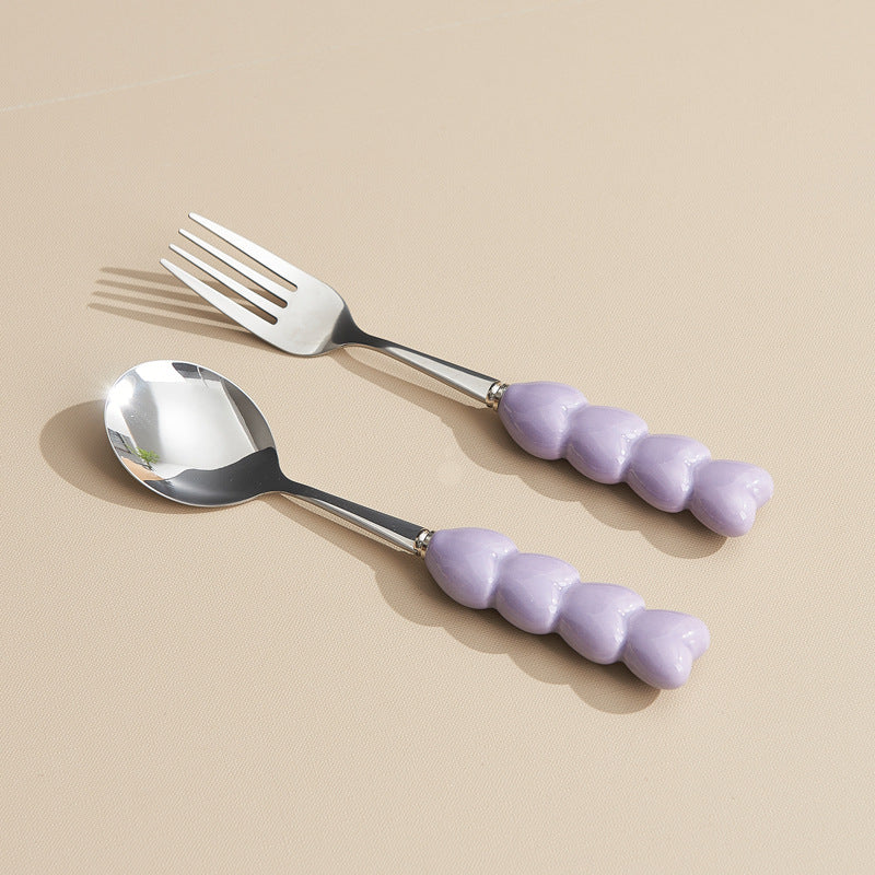 Heart-shaped ceramic stainless steel fork and spoon set - high-temperature underglaze decoration - wedding & celebration dinnerware - wholesale