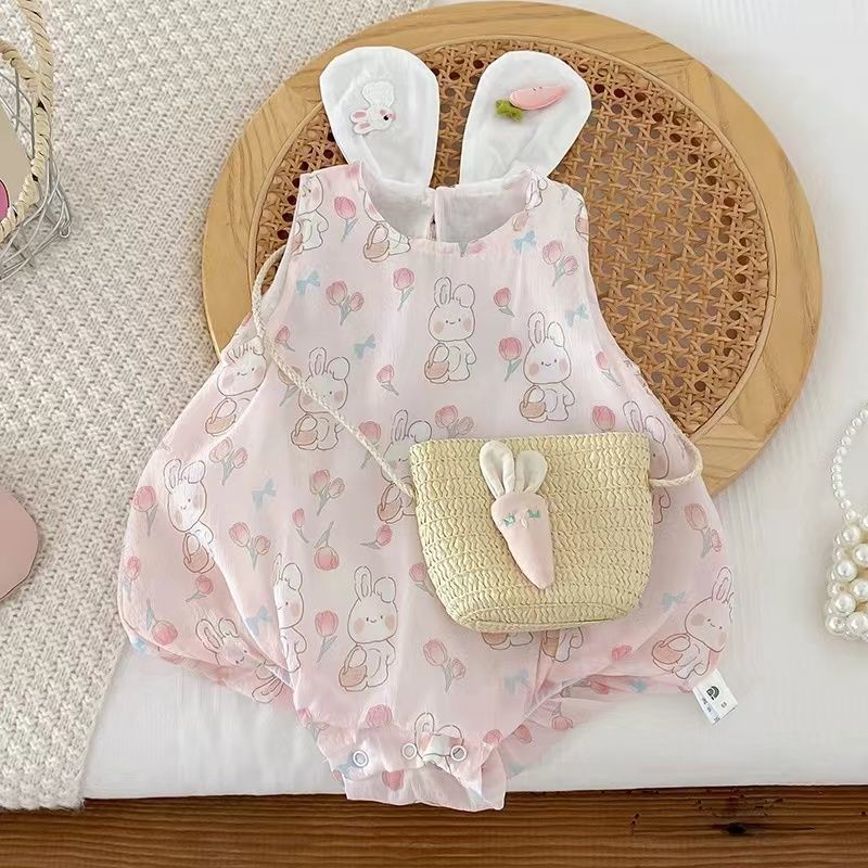 Baby girl summer romper - sleeveless bodysuit - princess style - super cute bunny design - lightweight summer onesie