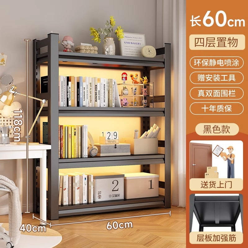 Multi-tier floor storage rack, steel bookshelf for home, living room, bedroom, kids' picture book organizer, simple iron art bookcase