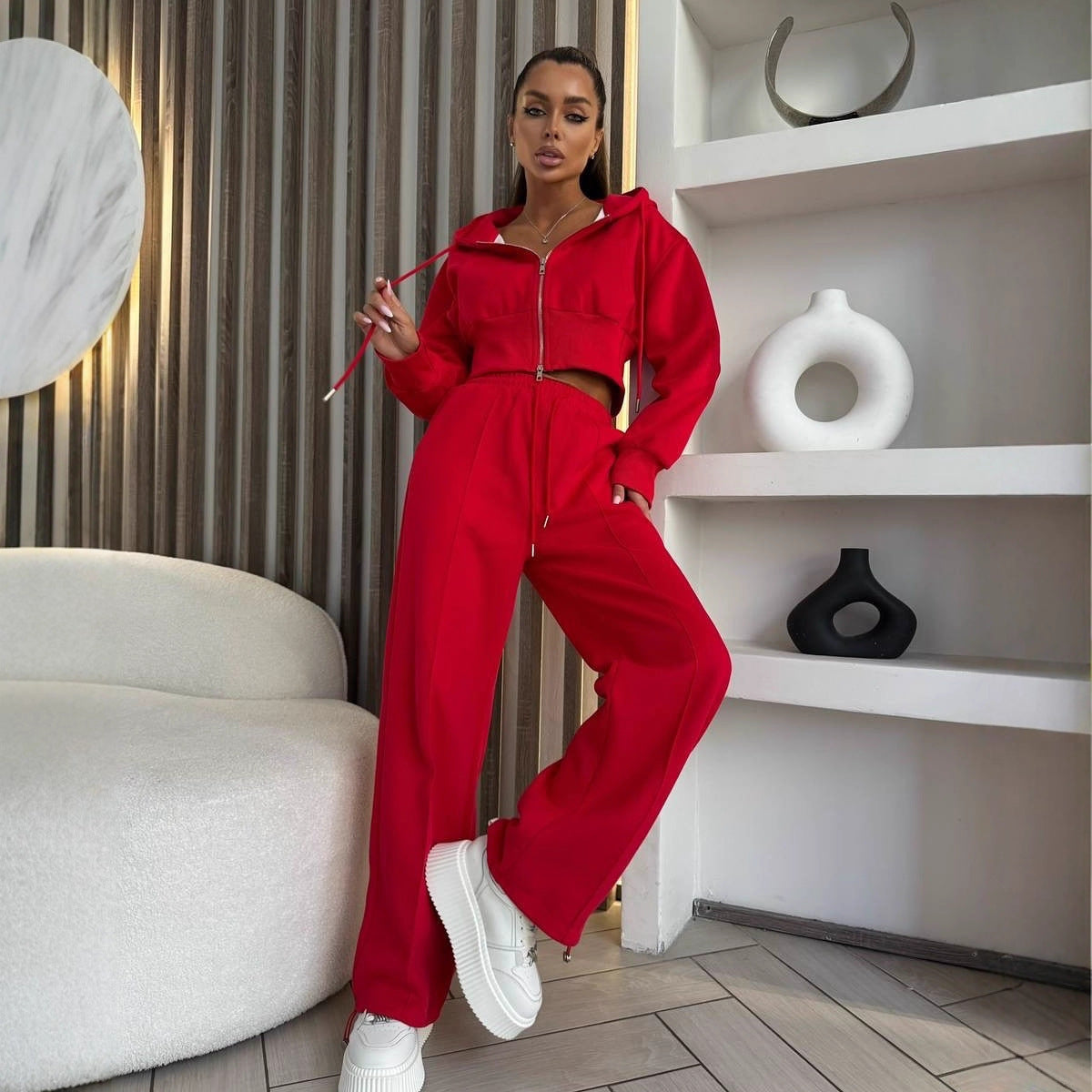 European and American  casual cotton set, long-sleeved zipper cardigan, waist hooded sweater, lace-up wide-leg pants two-piece set