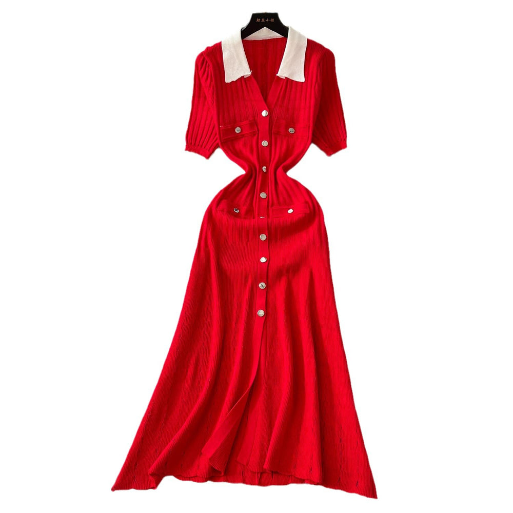 French style retro color block turn-down collar short sleeve single-breasted cinched waist inner layer knit dress - women's long knit dress