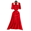 French style retro color block turn-down collar short sleeve single-breasted cinched waist inner layer knit dress - women's long knit dress