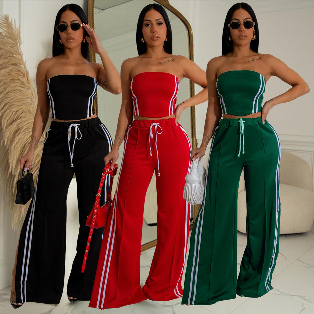 C7056 european and american style summer women's outfit: sexy bandeau top with flowy straight-leg pants - trendy export fashion