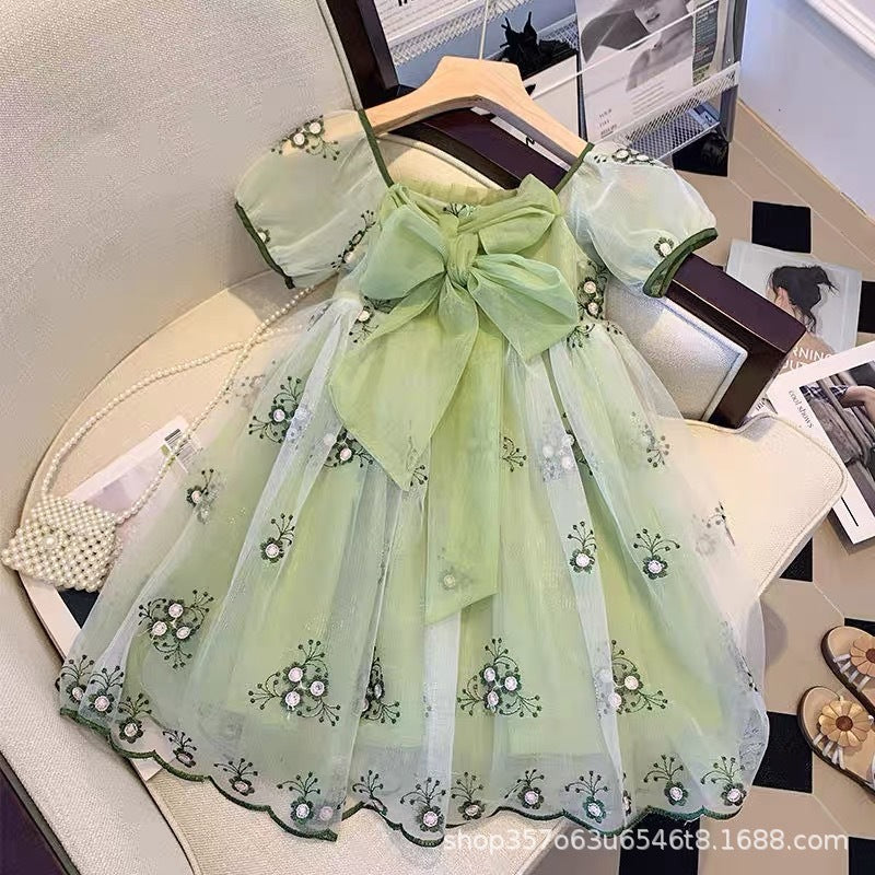 Girls' dress  new summer collection - stylish princess dress for little girls, featuring bubble sleeves and mesh skirt