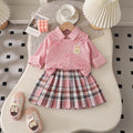 autumn newborn & toddler preppy style shirt, knit vest, and pleated plaid skirt three-piece set