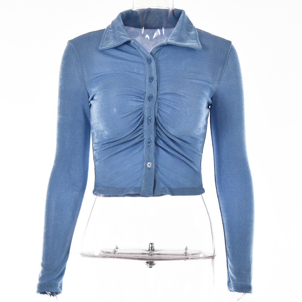 Europe and America ins2022 summer new retro cardigan pleated single-breasted T-shirt solid color sexy lapel shirt top women