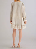 French chic plus size beige mini skirt - v-neck, button-down, ruffle cuffs & hem, loose fit, slimming, curvy women's clothing (size 168)