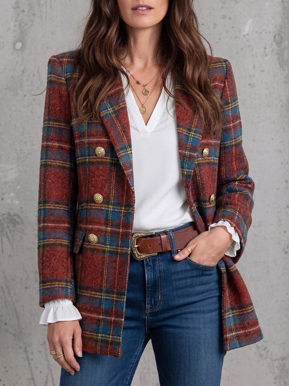 fashion cross-border retro red grids pattern suit outwear double row metal buckle lapel grids pattern woolenloose suit