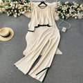 Hong kong style retrofashioncasualloose round neck long sleevesknitting shirttopstwo-piece set women's high waistcontrast color side pants