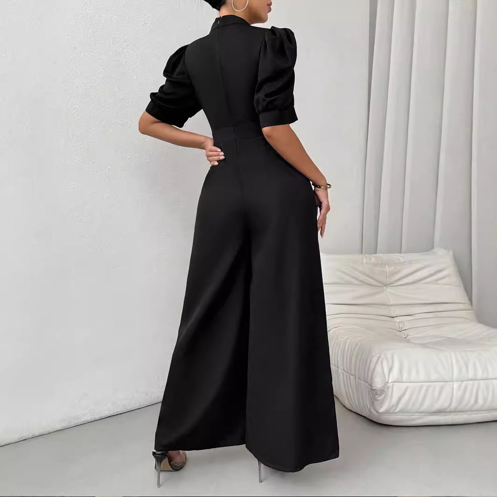Amazon cross-border foreign trade spring & fall v-neck fashion jumpsuit women's waist short-sleeved wide-leg pants commuter style slimming look