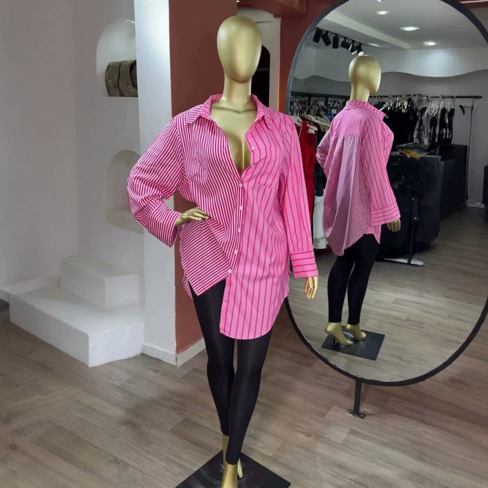 European and american cross-border women's clothing:  summer new arrival - elegant and loose-fitting printed lapel button-down long-sleeve shirt top