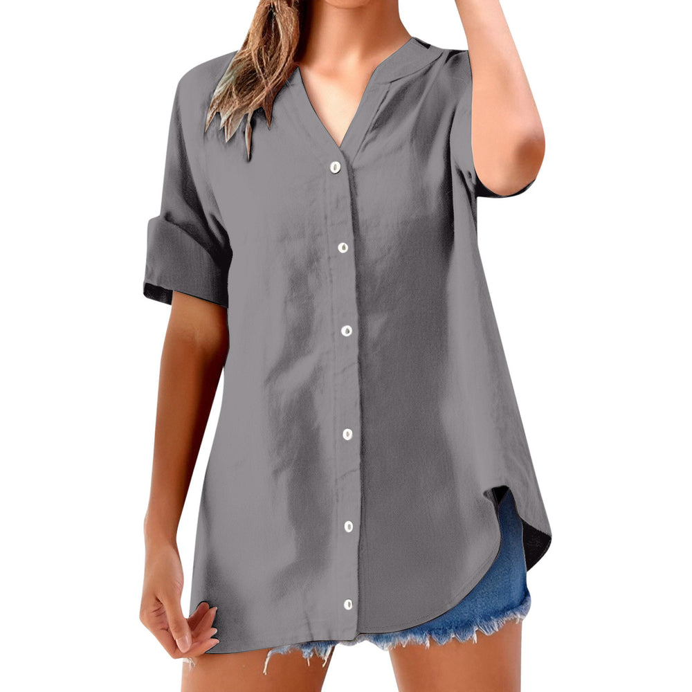 cross-border women's casual solid color stand collar button-down short sleeve shirt top