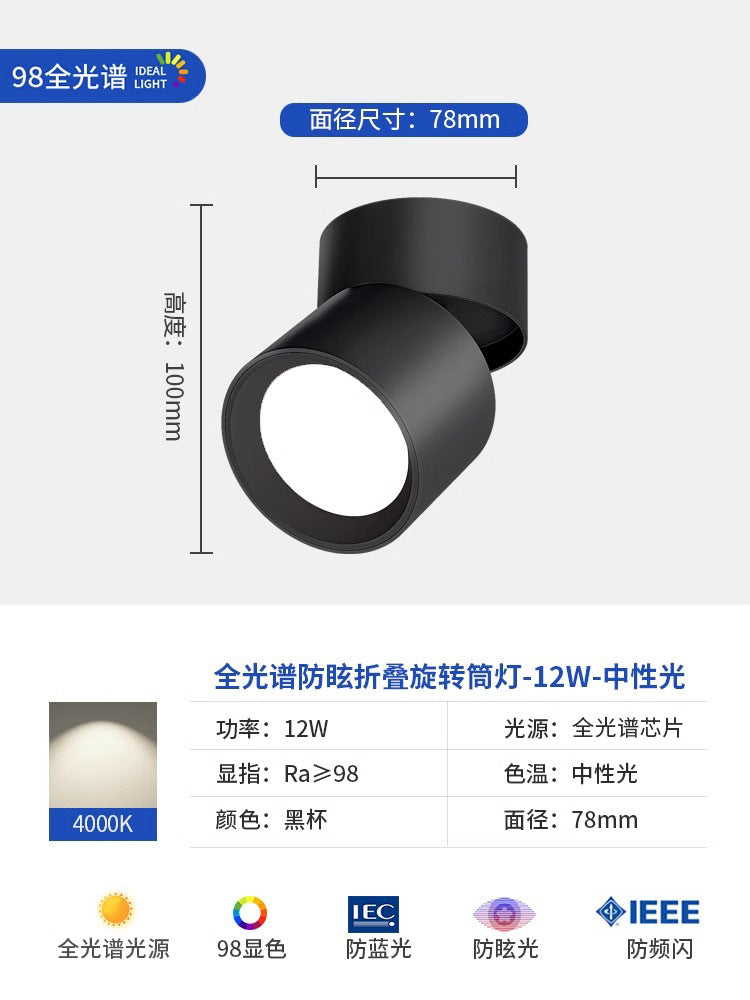 Full spectrum surface mounted downlight spotlight - no drilling, adjustable angle, bedroom ceiling light, folding hallway light, small light for home entrance