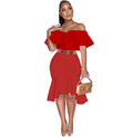 supply of african women's clothing pure color off-shoulder pattern fashion style grids waist bag hip v neck short-sleeved evening dress special price