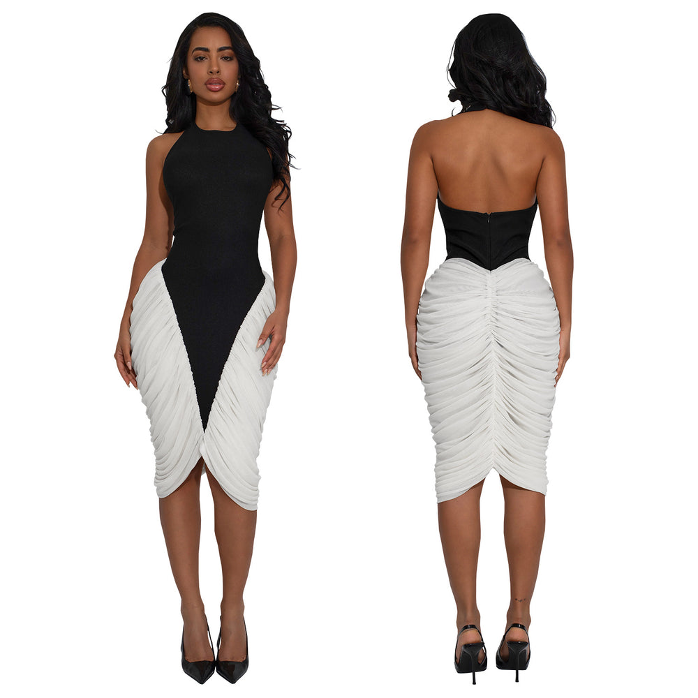 C7583 cross-border   fashion women's elegant light luxury textured ruched bodycon dress