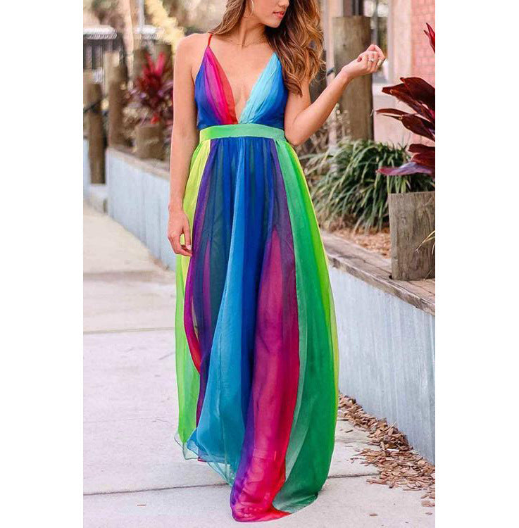 2025 new spring/summer cross-border fashion women's long dress - sexy deep v rainbow mesh suspender dress