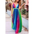 2025 new spring/summer cross-border fashion women's long dress - sexy deep v rainbow mesh suspender dress