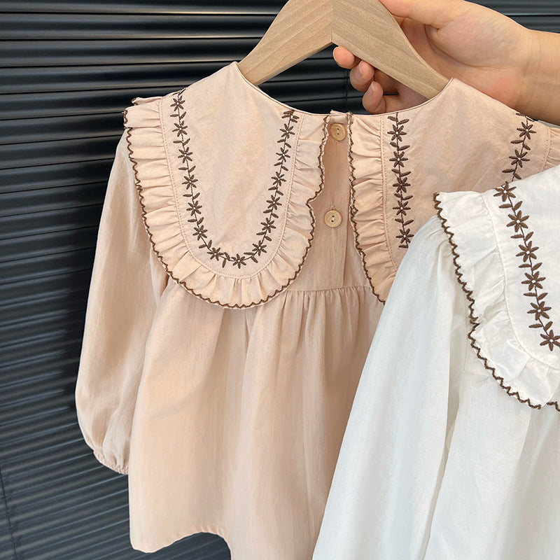 Girls' korean style all-season fashionable and versatile two-tone embroidered floral shirt - trendy, popular, and refreshing top