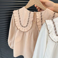 Girls' korean style all-season fashionable and versatile two-tone embroidered floral shirt - trendy, popular, and refreshing top