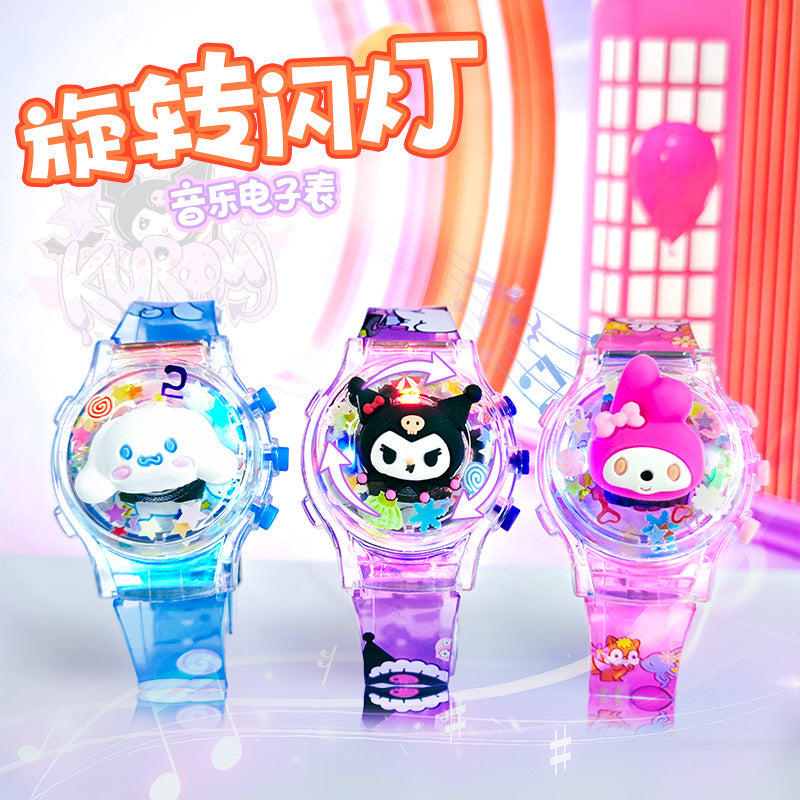 Kids' gift girls' electronic watch - stellalou, kuromi, hello kitty glitter luminous music flip cover rotating watch
