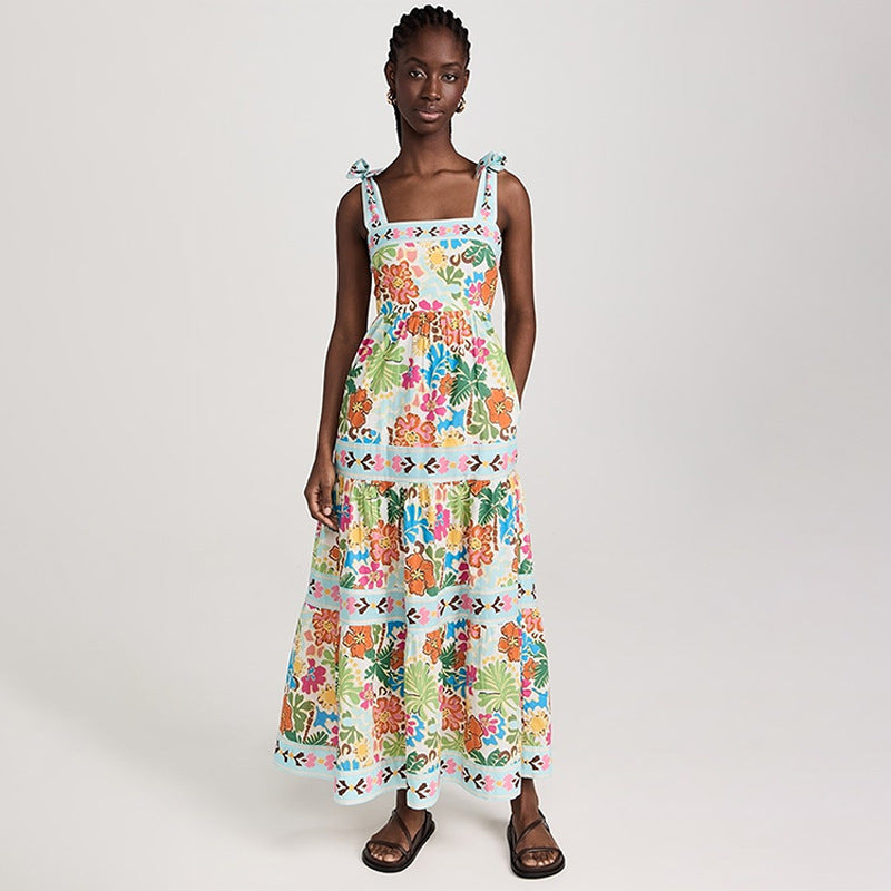 2025 summer amazon fashion new sleeveless collarless high waist plant printing women's large swing suspender dress