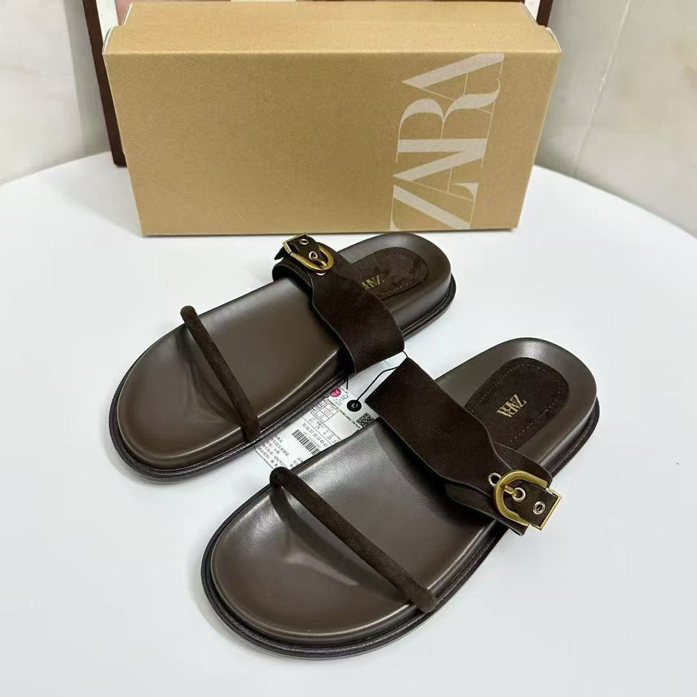 Za's 2025 new summer collection: flat metal fashion trendy single/double buckle strappy european & american style outdoor sandals for women