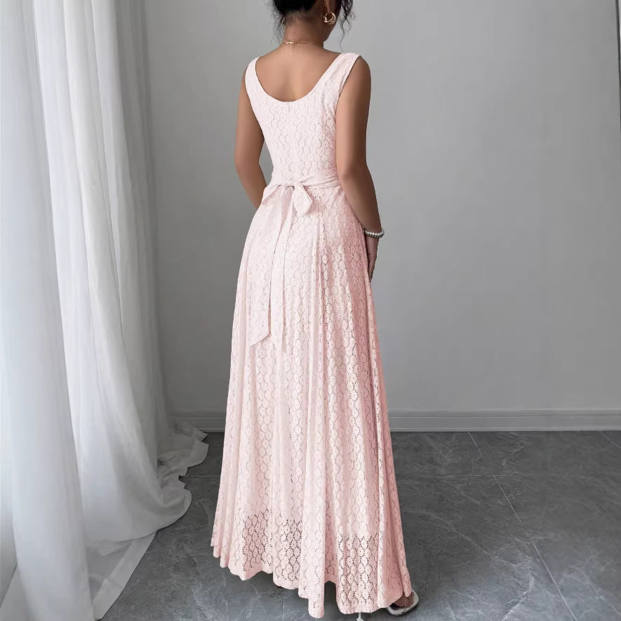 Pink u-neck sleeveless tank dress - women's summer slim fit lace a-line maxi dress with a chic, edgy design