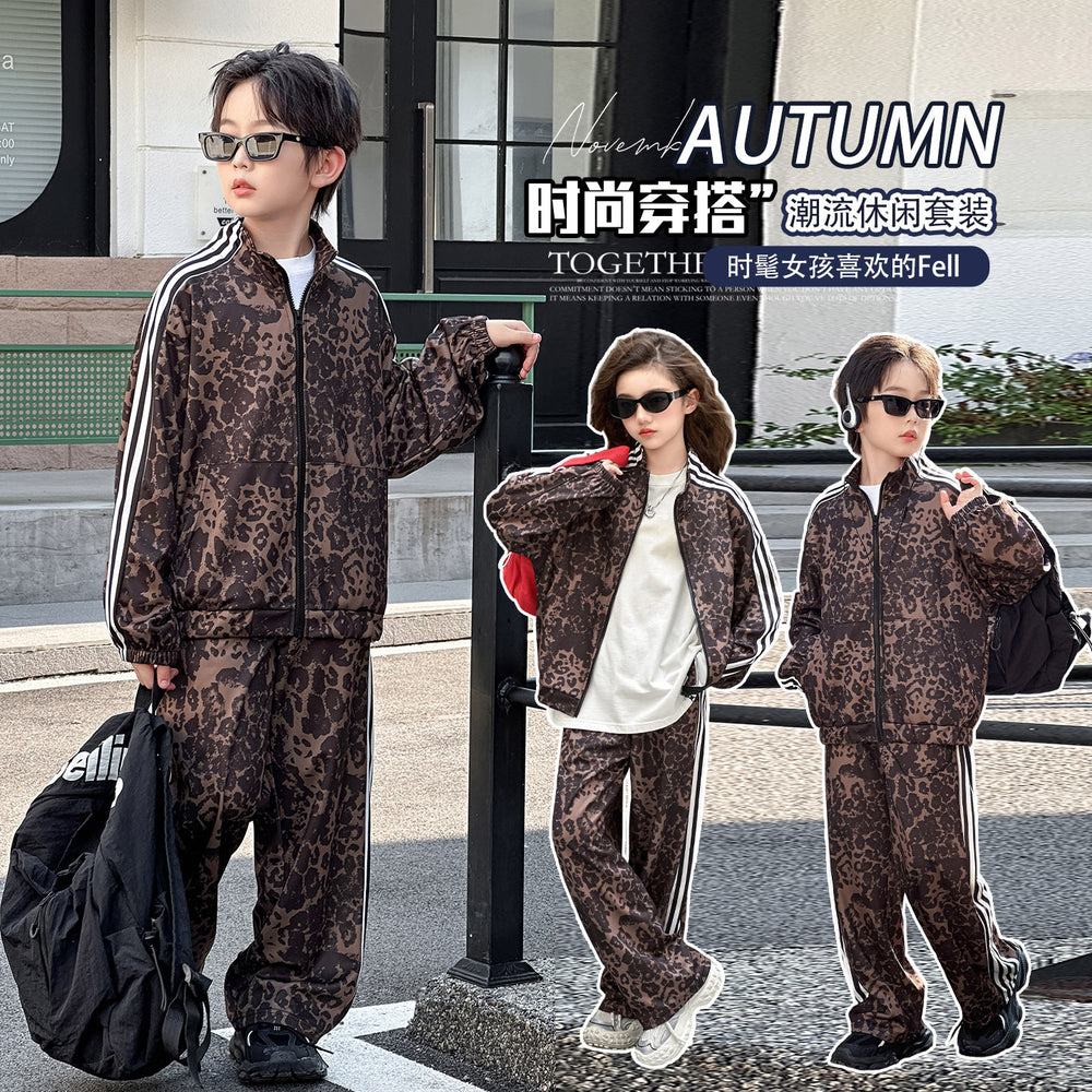 Boys' and girls'  new fashion leopard print spring/autumn casual set - trendy cardigan two-piece outfit for older kids