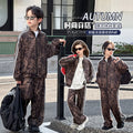 Boys' and girls'  new fashion leopard print spring/autumn casual set - trendy cardigan two-piece outfit for older kids