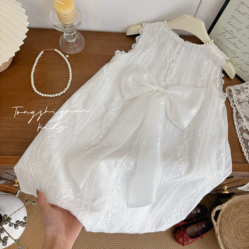 Girls' summer new fashionable and stylish white bow dress - casual, trendy, high-quality children's clothing for baby girls