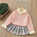 Girls' sweater set -  winter new arrival: stylish ruffle-trimmed thick cardigan sweater and plaid skirt two-piece set