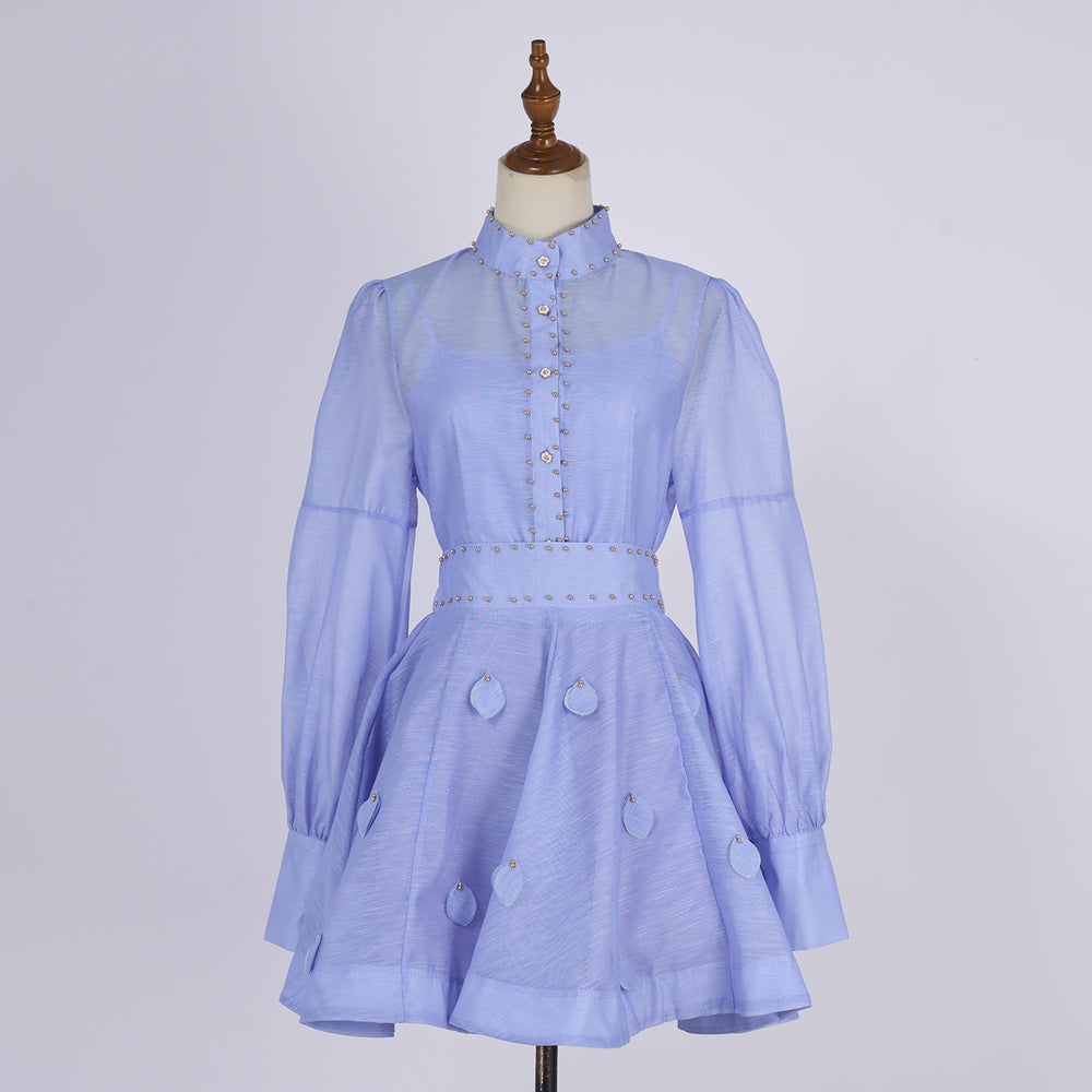 Export spring and summer stand-up collar lantern long sleeves waist single-breasted beaded shirt tops+a-line skirt skirt suit