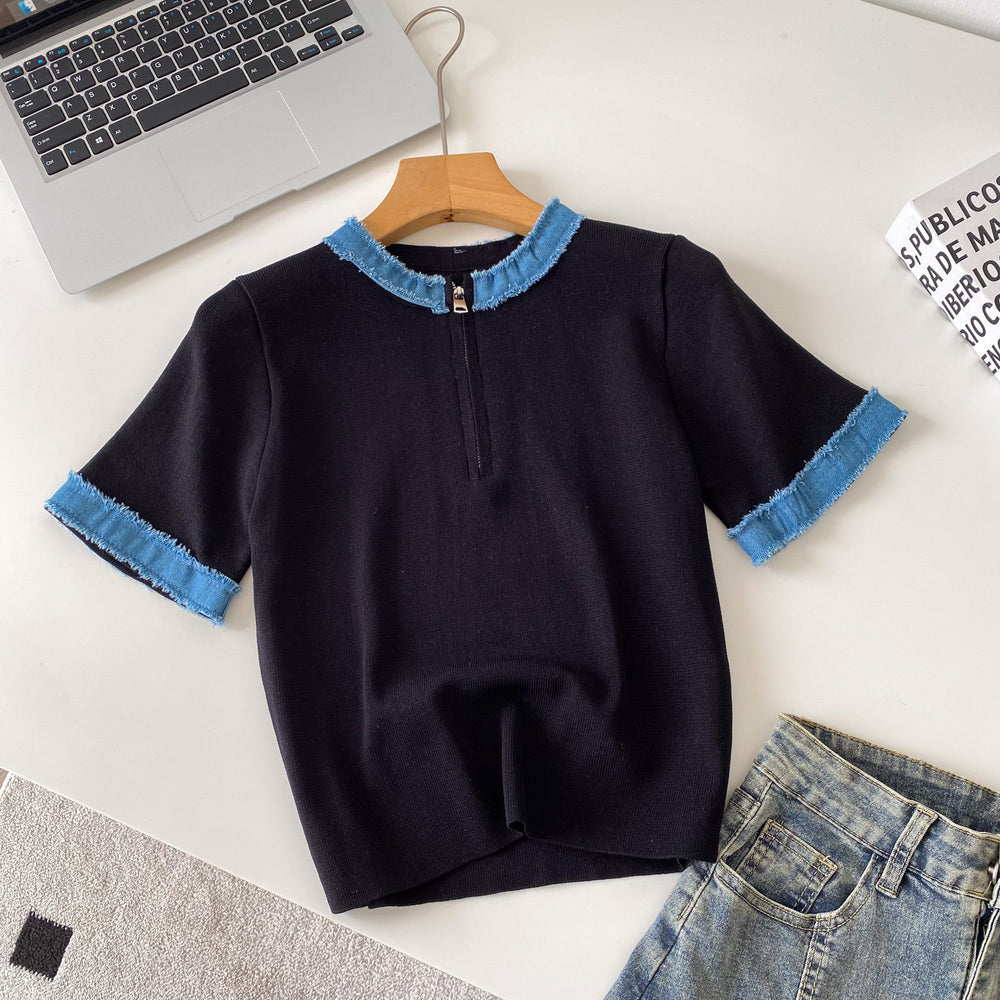 Korean style color block knit top - women's summer short sleeve crew neck half-zip cardigan - versatile, trendy, and designer-inspired top