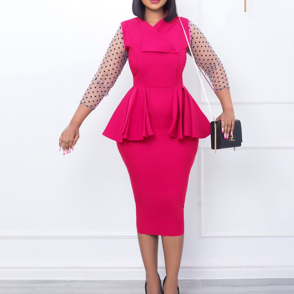 D283 cross-border supply  new temperament commuter mesh splicing v-neck ruffle pencil skirt european and american dress