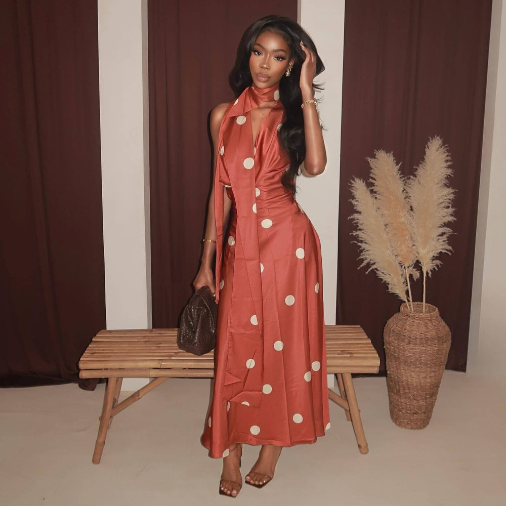 European and american cross-border women's fashion  summer new sexy chic polka dot choker slim fit long sleeveless dress