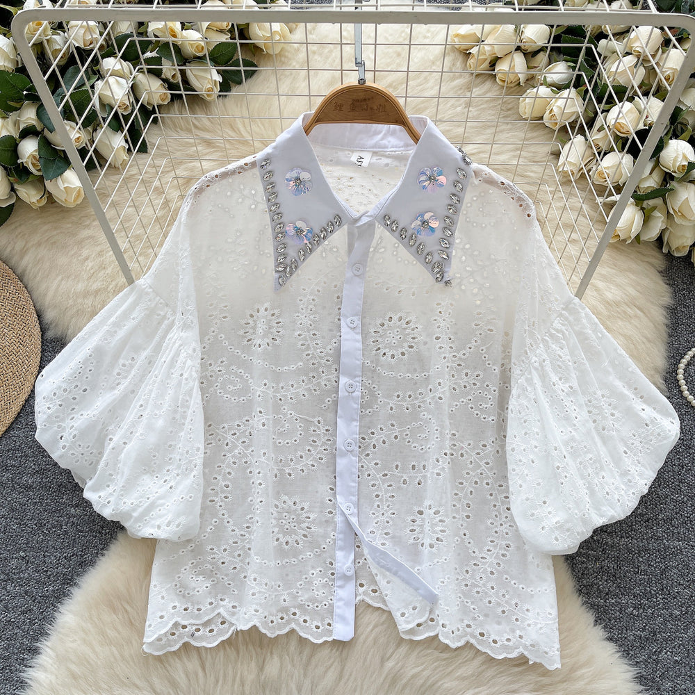 Accessible luxury palace style classy bubble sleeve shirt women's summer cut out crochet heavy industry diamond loose design tops
