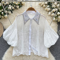 Accessible luxury palace style classy bubble sleeve shirt women's summer cut out crochet heavy industry diamond loose design tops