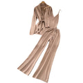 Fashionsuit female k-stylelong sleevesv neck waist knittingoutwear camisole three-piece set high waistloose pants