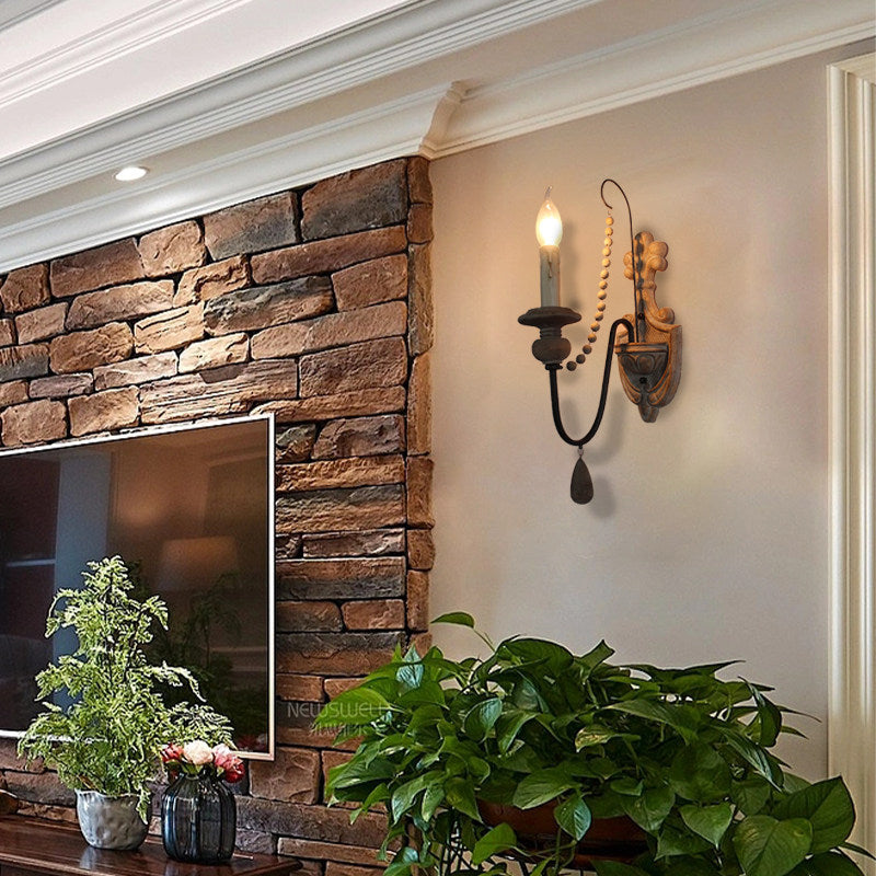 American retro wall lamp - cordless charging, solid wood, french style for living room, bedroom, bedside, hallway, stairway, candle wall sconce