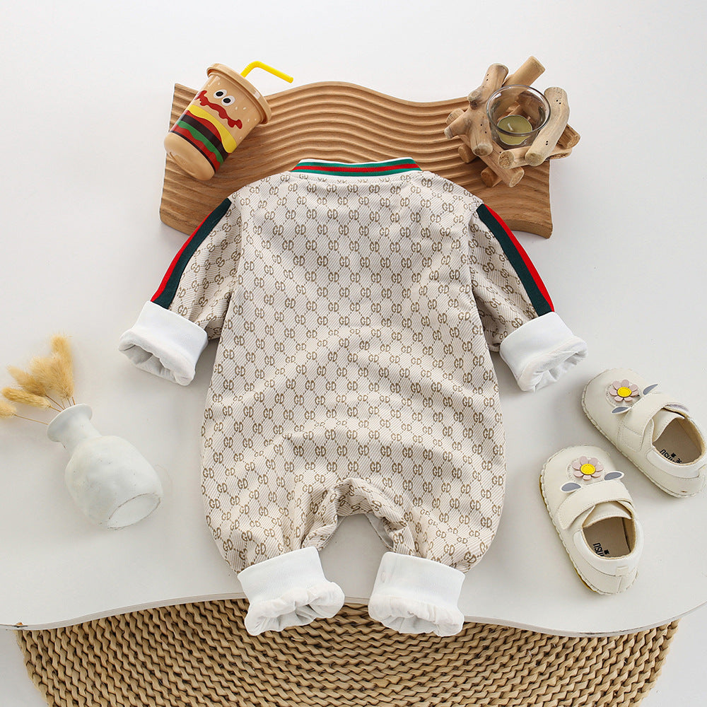 Unisex baby spring/autumn fashionable bear print double-layer romper - stylish outfit, cute crawling suit