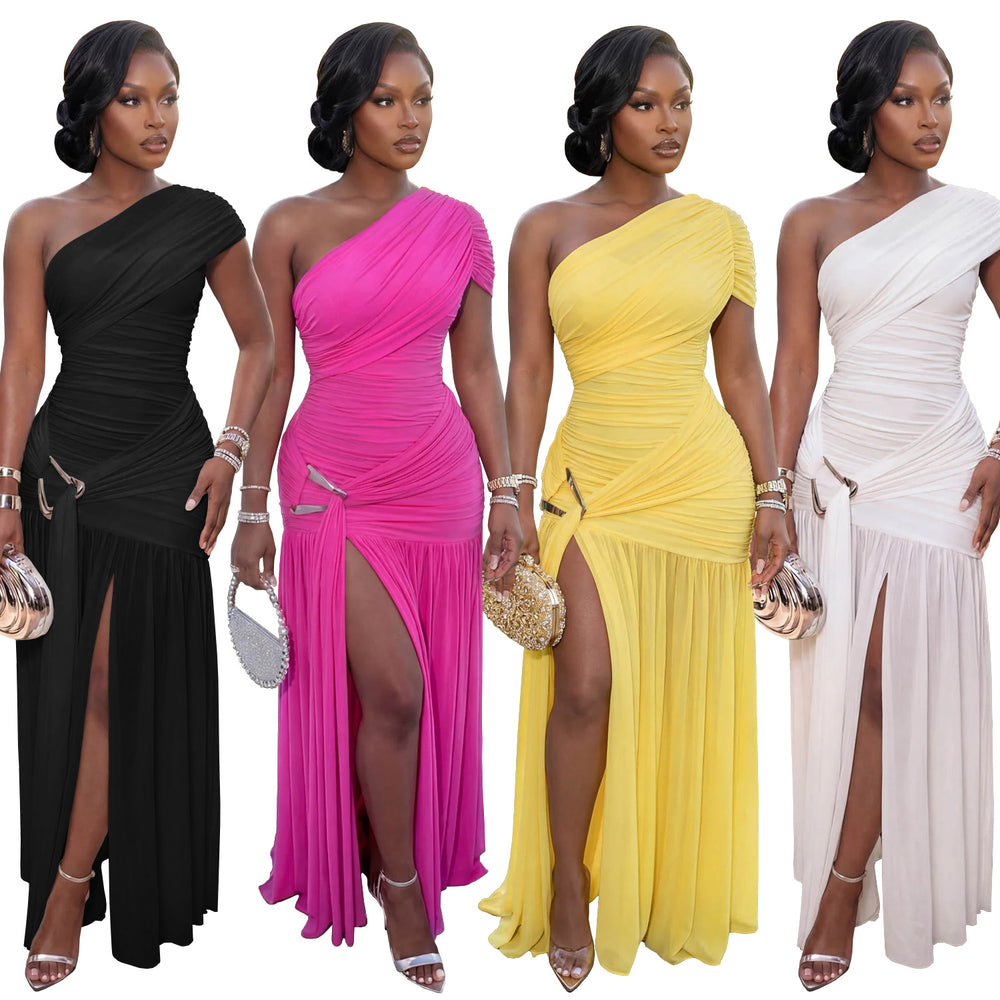 C7662 cross-border   fashion women's sexy sleeveless slant neck slim-fit slit dress