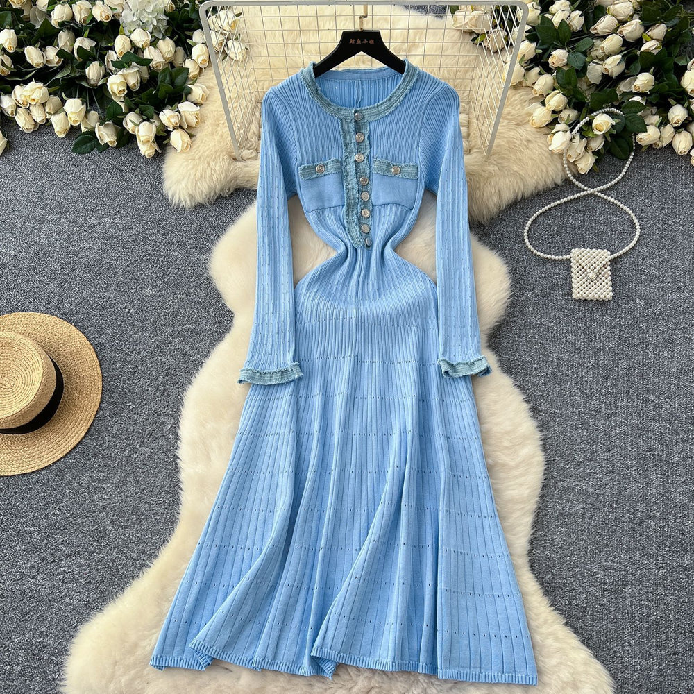 cross-border fashionfall and winternew arrivalfashion round neck denim patchworkknittinglong sleevesdress a-line skirt for women