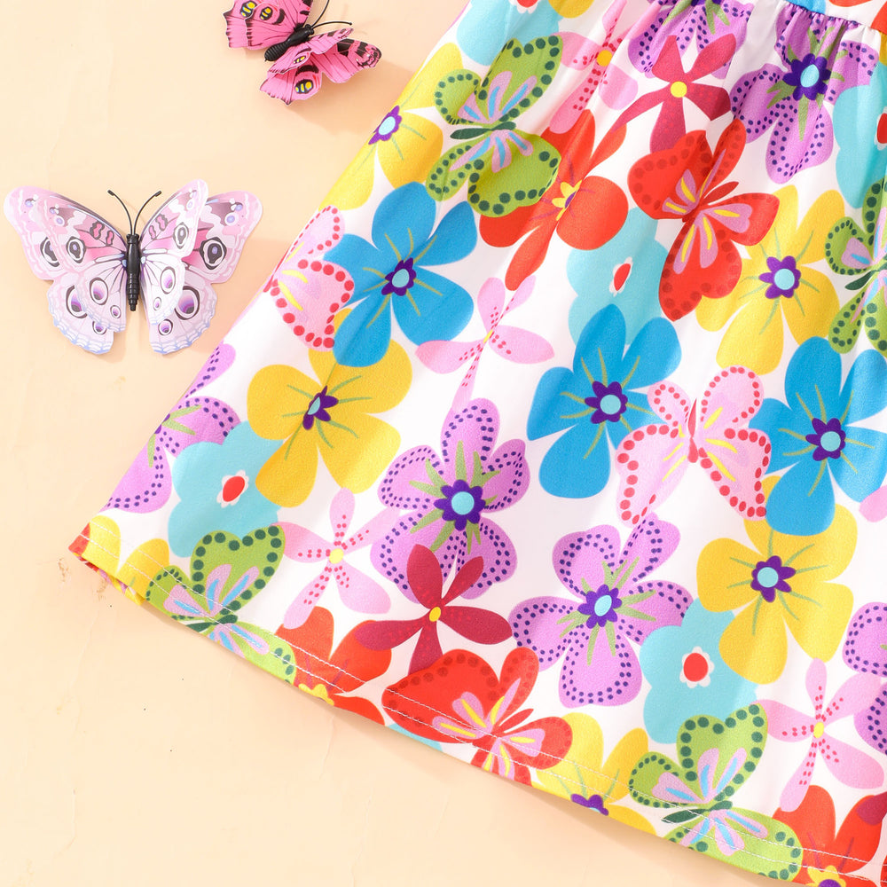 Kids' butterfly print flutter sleeve a-line dress with elastic waist - random stripe color assortment