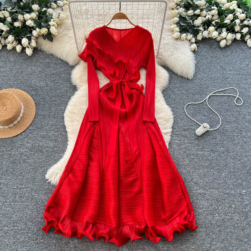 European and american niche fashion socialite tie-waist ruffle pleated dress - women's high-end slimming elegant maxi dress