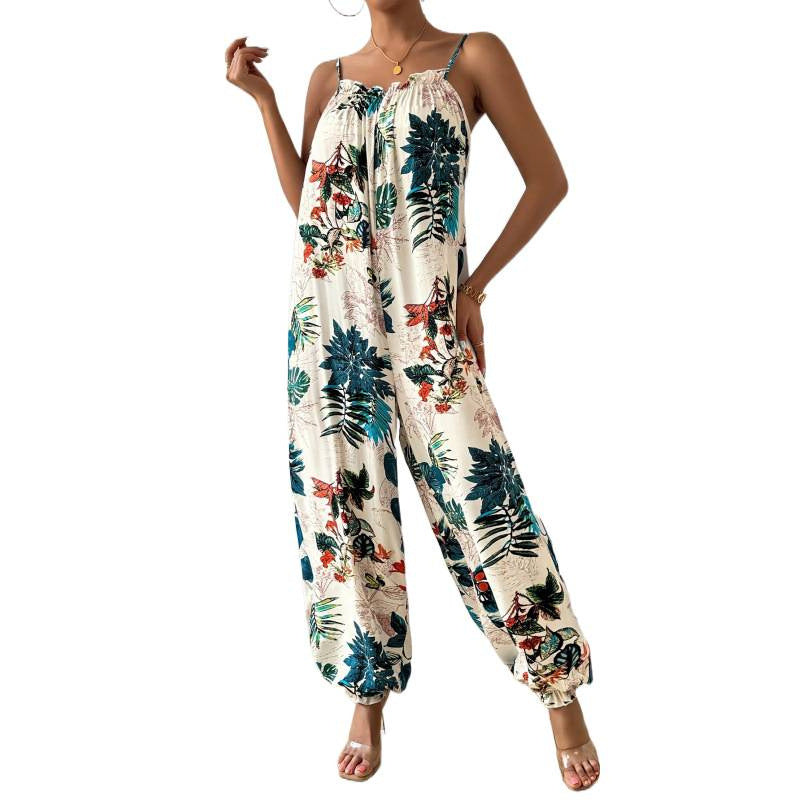 code new arrival  original women's casual plant printing jogger pants suspender jumpsuit